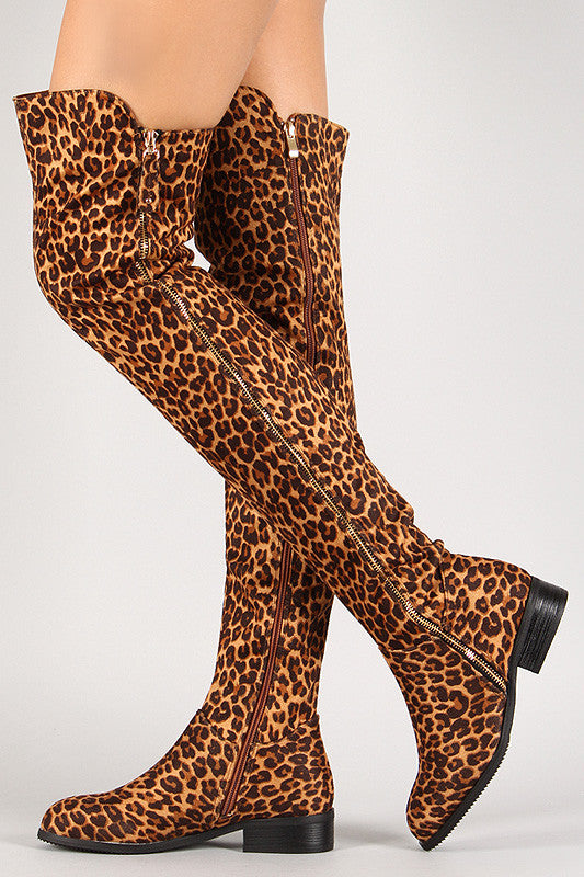 Leopard Suede Zip Up Over-The-Knee Boots