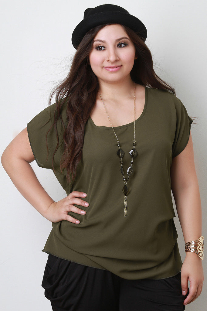 Chiffon Short Sleeved Top with Gemstone Statement Necklace