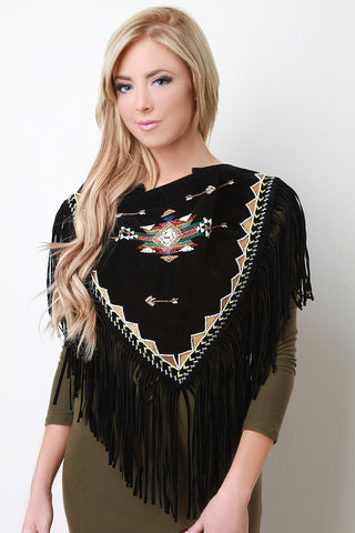 Embroidered Fringe Suede Triangle Scarf
