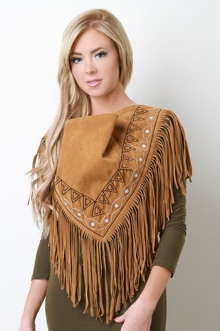 Aztec Beaded Embroidery Fringe Suede Triangle Scarf