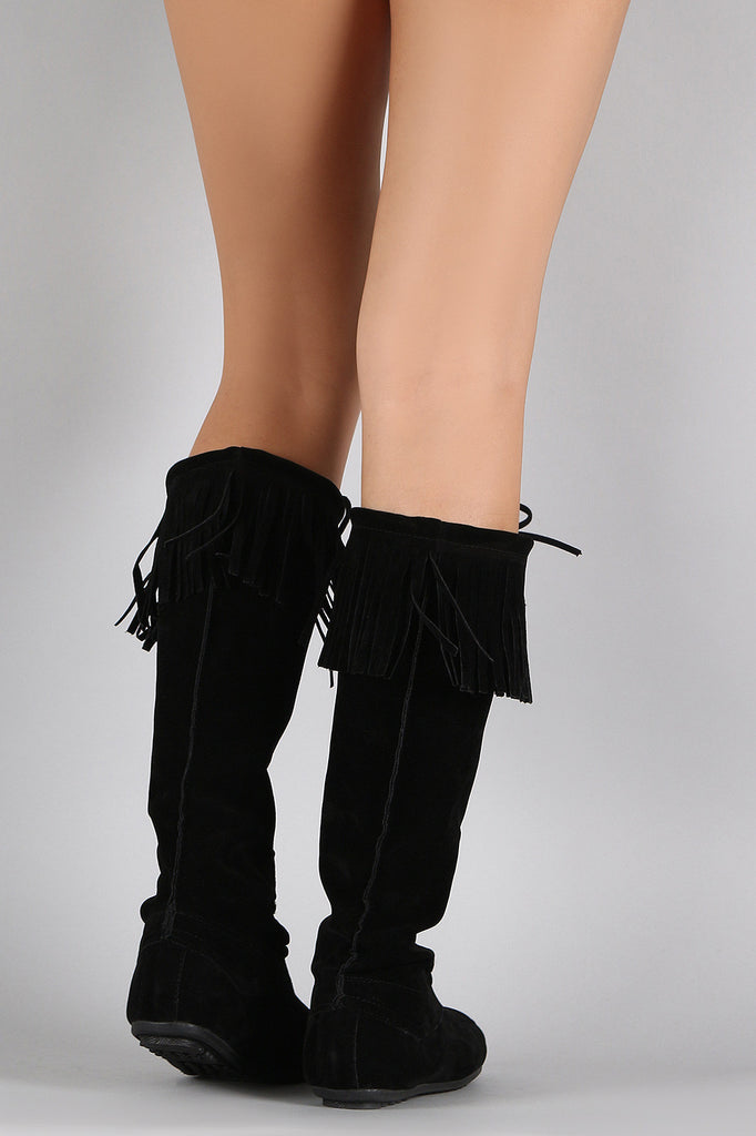 Lace Up Fringe Cuff Vegan Suede Moccasin Boots