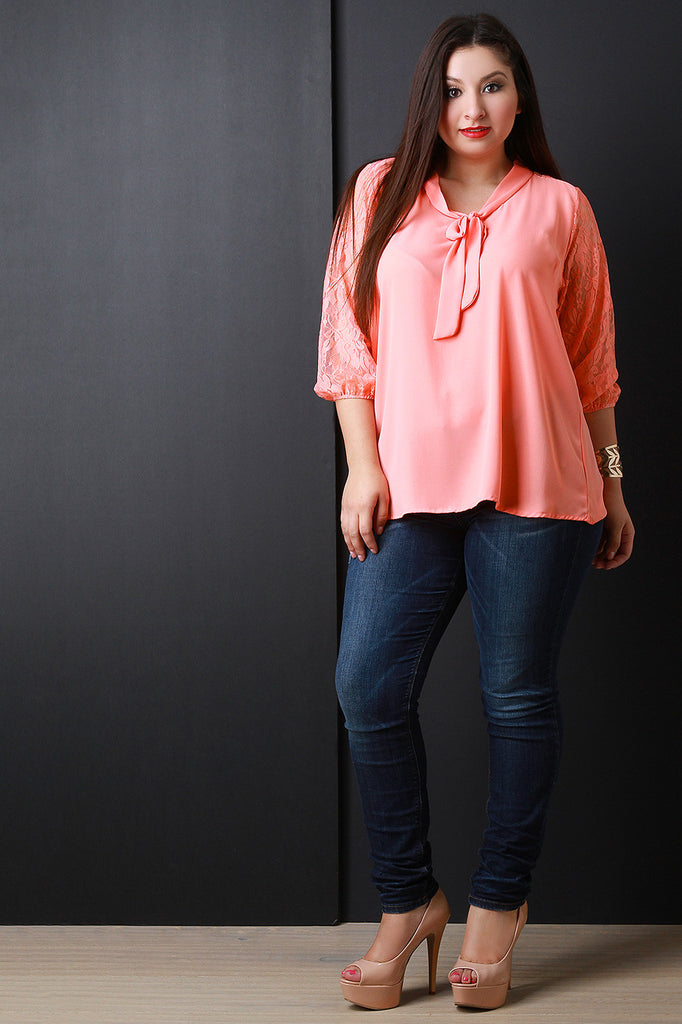 Floral Lace Quarter Sleeves Tie Neck Chiffon Blouse