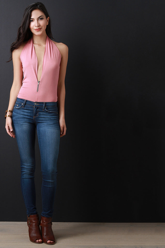 Deep V Zip Up Halter Bodysuit
