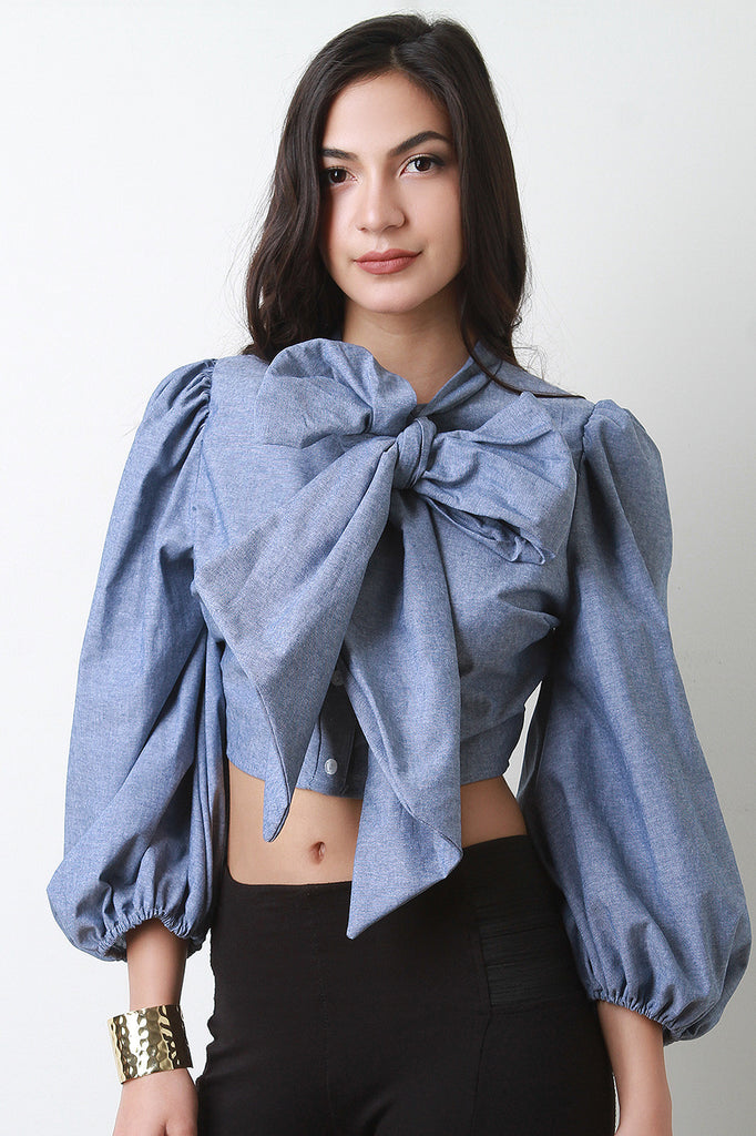 Bow Tie Collar Puff Sleeve Crop Top