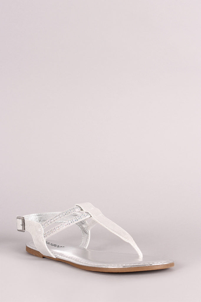 Bamboo Iridescent Glitter Rhinestone T-Strap Thong Flat