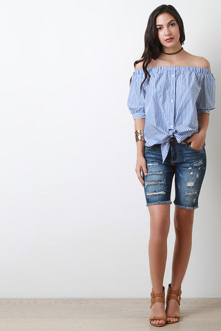 High Waist Distressed Frayed Hem Denim Shorts