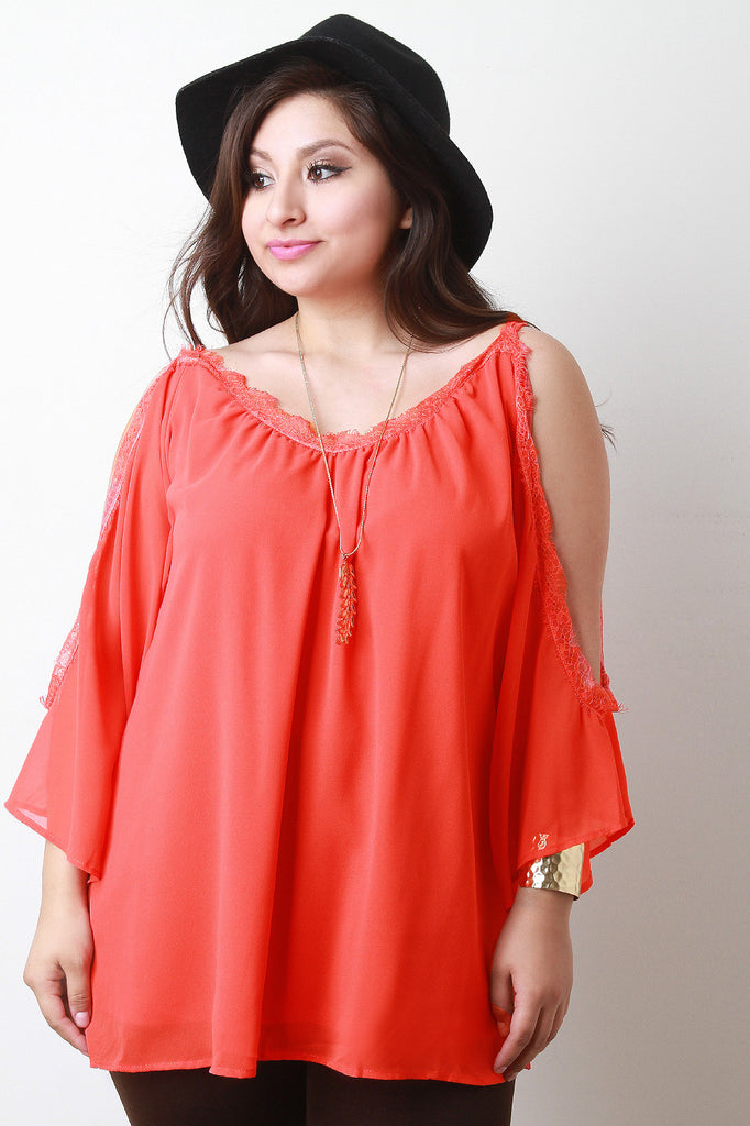 Frayed Lace Trim Cold Shoulder Bell Sleeve Top