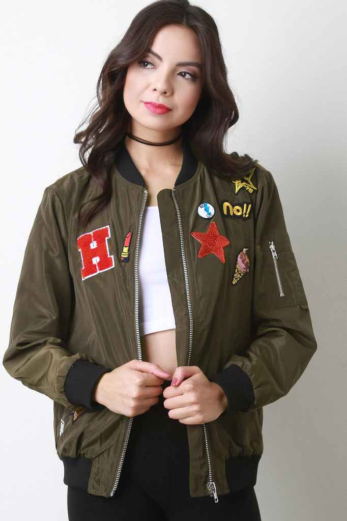 Assorted Patches Zip Up Bomber Jacket