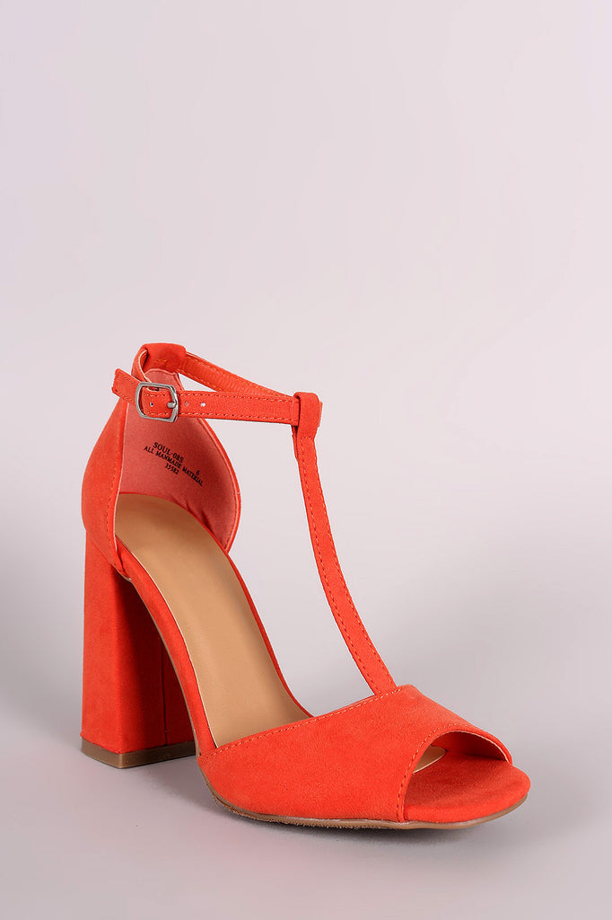 Bamboo Suede Peep Toe T-Strap Chunky Heel