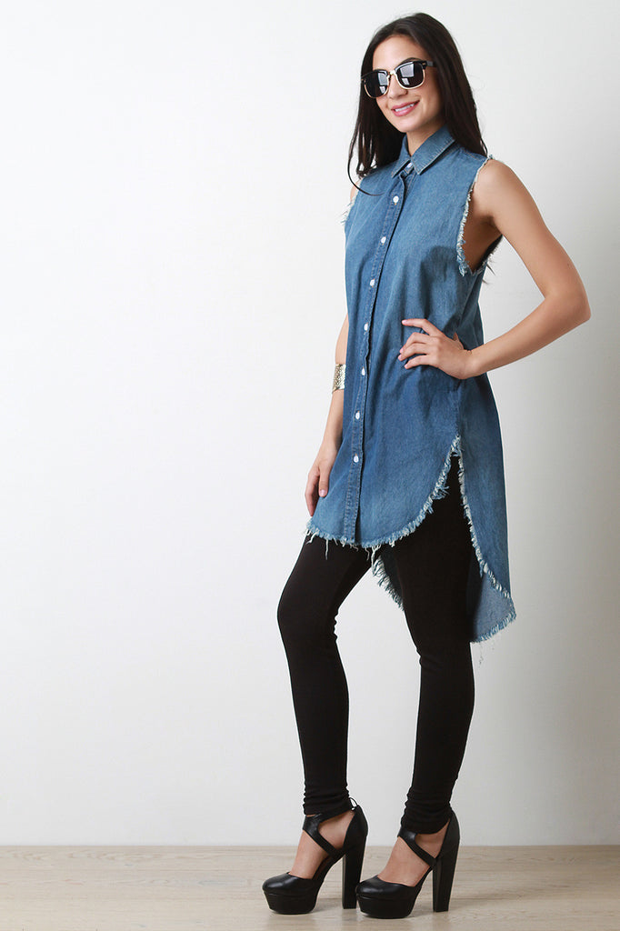 Frayed Hem Button Up High Low Hem Top