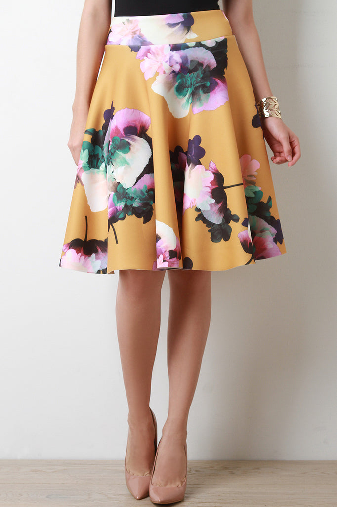 High Waist Floral Print Neoprene Skirt