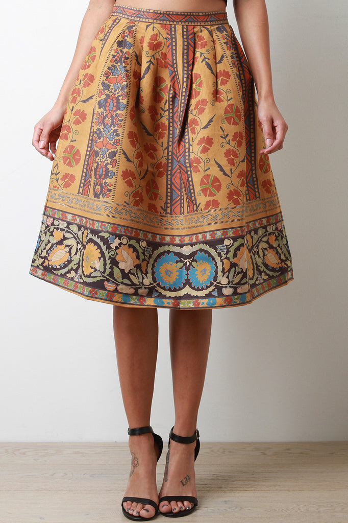 Floral Suede Pleated A-Line Midi Skirt