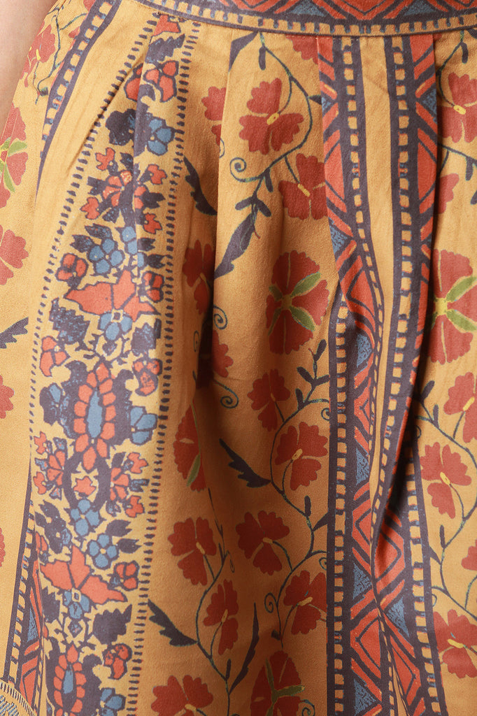 Floral Suede Pleated A-Line Midi Skirt