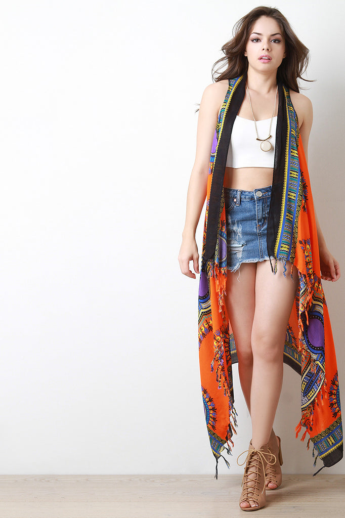Colorful African Tribal Print Fringe Vest