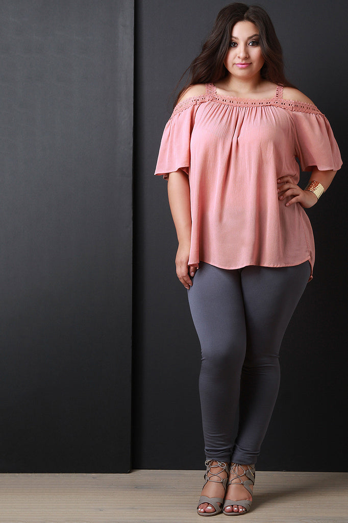 Crinkle Cold Shoulder Lace Trim Flowy Blouse Top