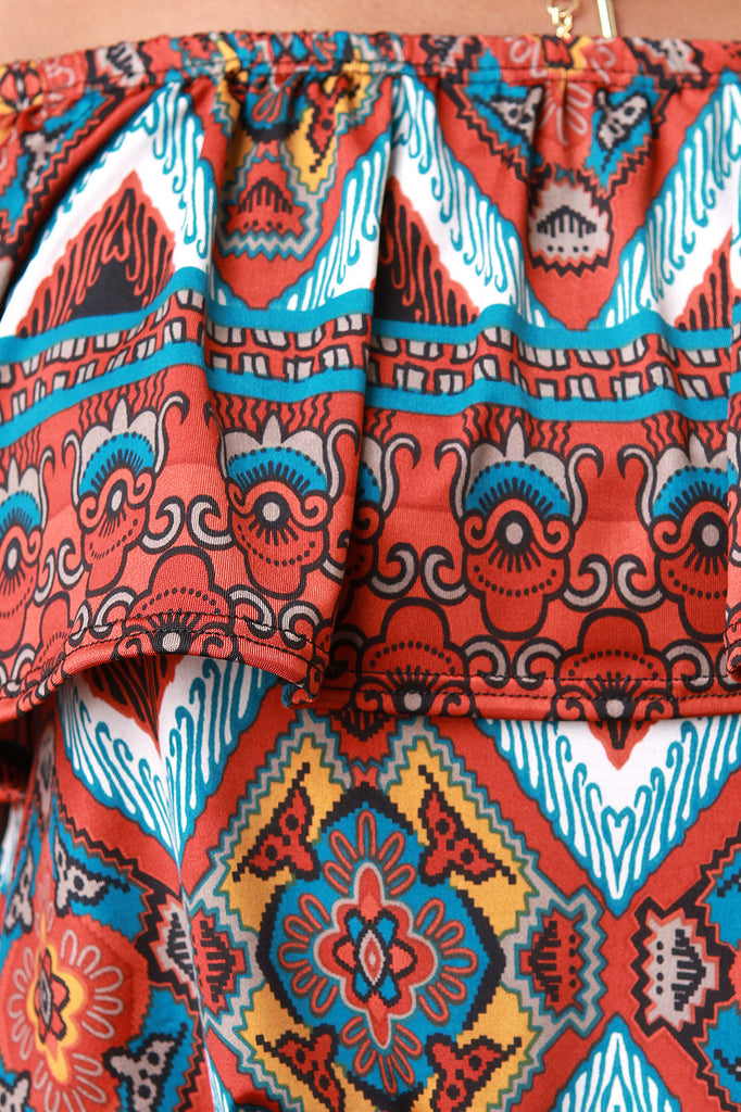 Ethnic Print Ruffle Off The Shoulder Top