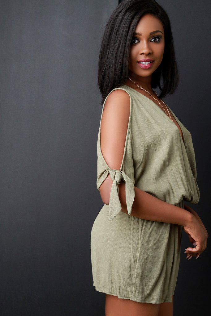 Woven Surplice Self-Tie Sleeves Romper