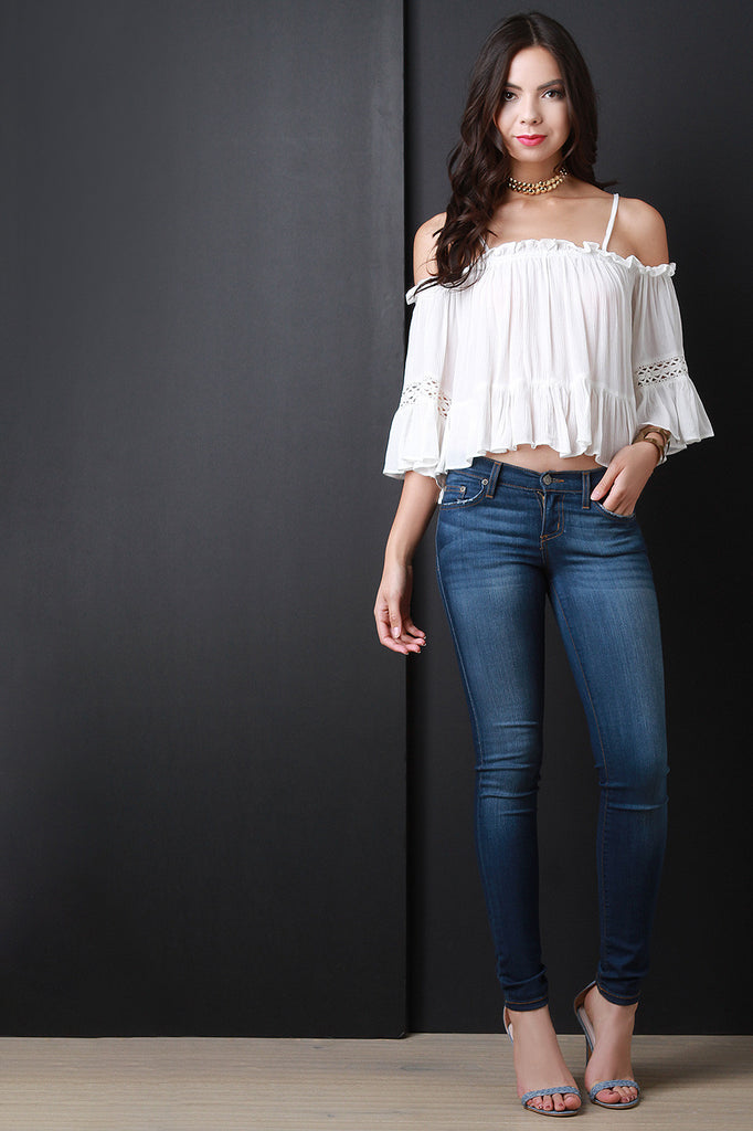 Crinkle Cold Shoulder Lace Inset Ruffle Blouse Top