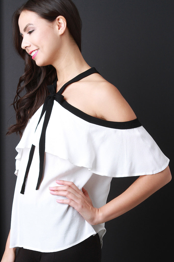Cold Shoulder Ruffle Sleeves Halter Blouse Top