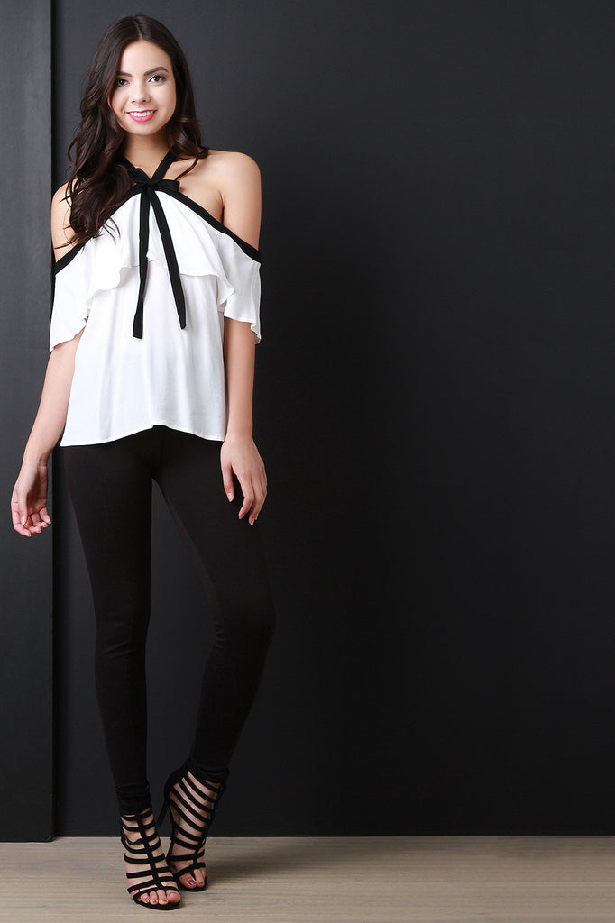 Cold Shoulder Ruffle Sleeves Halter Blouse Top