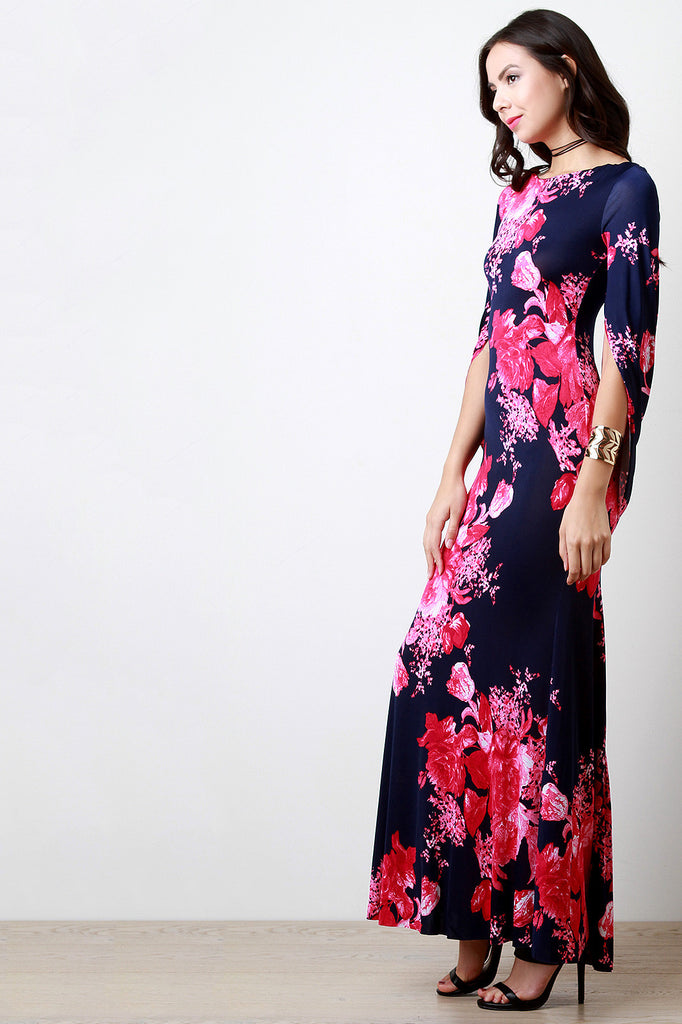 Floral Print Drape Cape Sleeve Maxi Dress