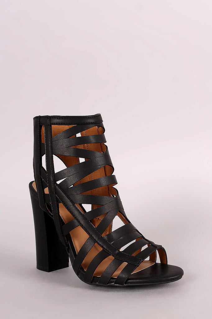Bamboo Strappy Cutout Peep Toe Chunky Heel