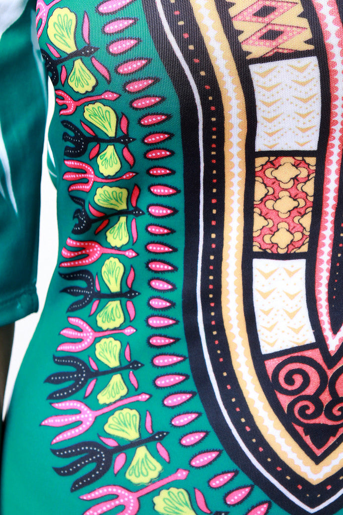 African Tribe-Inspired Elbow Sleeve Midi Dress