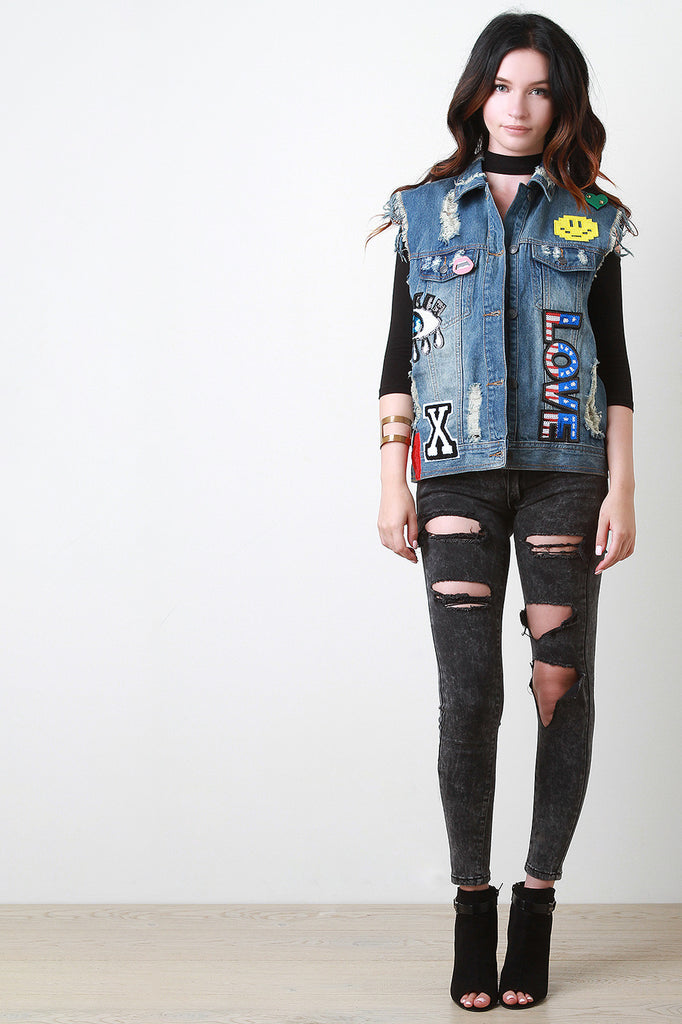 Love Patch Distress Denim Vest