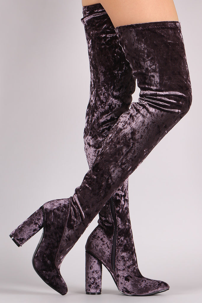 Velvet Pointy Toe Chunky Heeled Over-The-Knee Boots