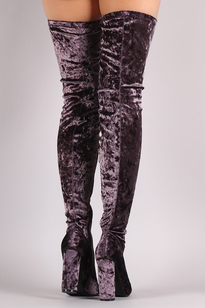 Velvet Pointy Toe Chunky Heeled Over-The-Knee Boots