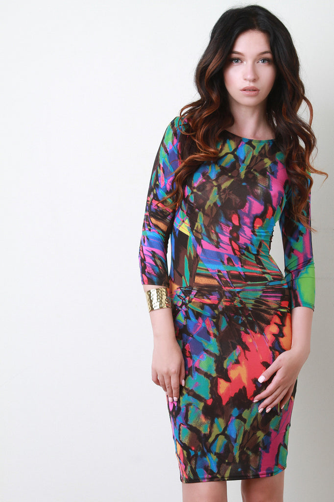 Abstract Print Long Sleeve Midi Dress