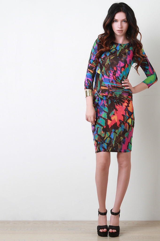 Abstract Print Long Sleeve Midi Dress