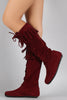 Lace Up Fringe Cuff Vegan Suede Moccasin Boots