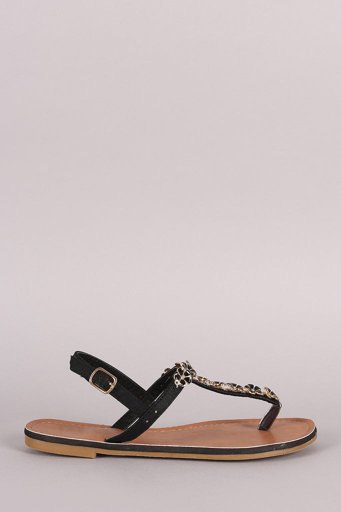 Flower Embellished T-Strap Slingback Flat Sandal