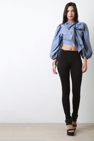 Bow Tie Collar Puff Sleeve Crop Top