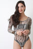 Abstract Tribal Long Sleeve Backless Mesh Bodysuit