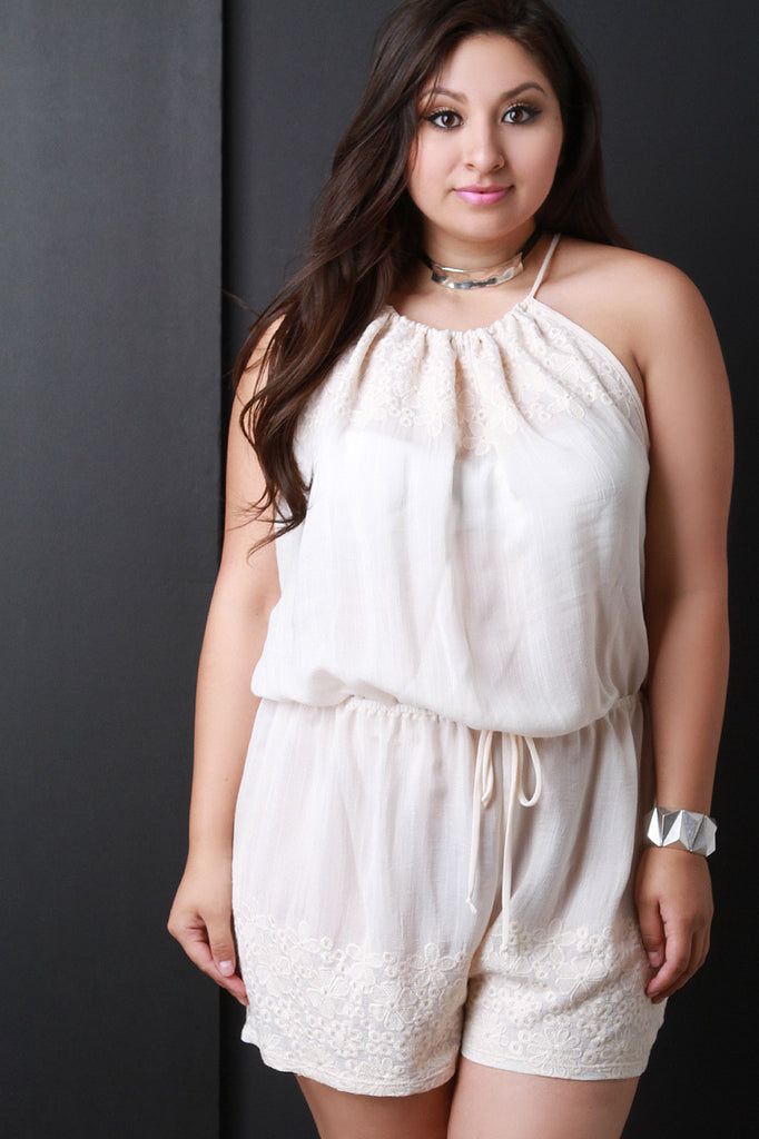 Keyhole Back Lace Trim Sleeveless Romper