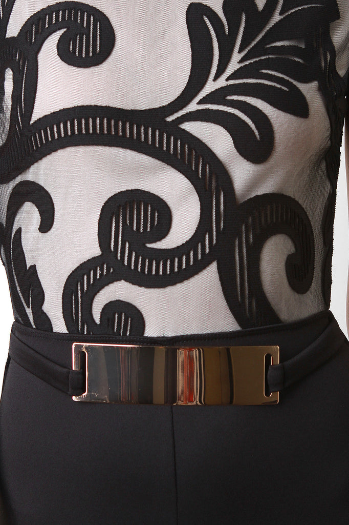 Burn Out Mesh Gold-Plated Belt Sleeveless Jumpsuit