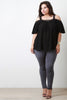 Crinkle Cold Shoulder Lace Trim Flowy Blouse Top