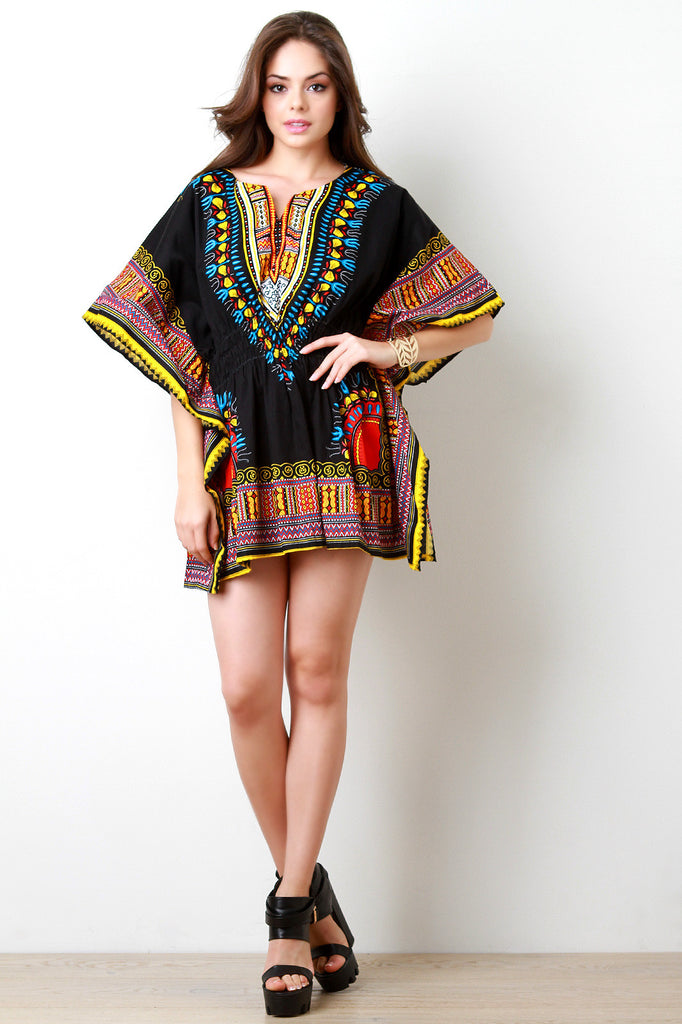 African Dashiki Smock Waist Mini Dress