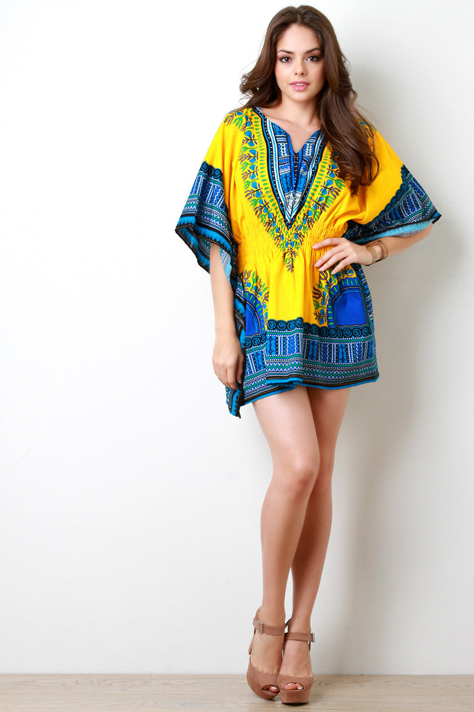 African Dashiki Smock Waist Mini Dress