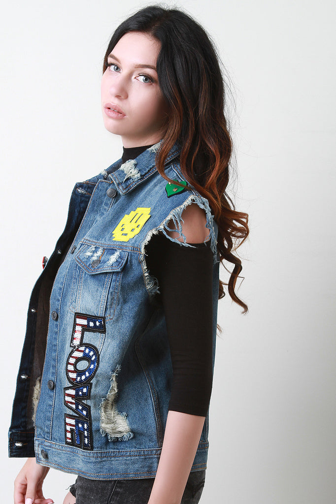Love Patch Distress Denim Vest