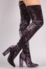 Velvet Pointy Toe Chunky Heeled Over-The-Knee Boots
