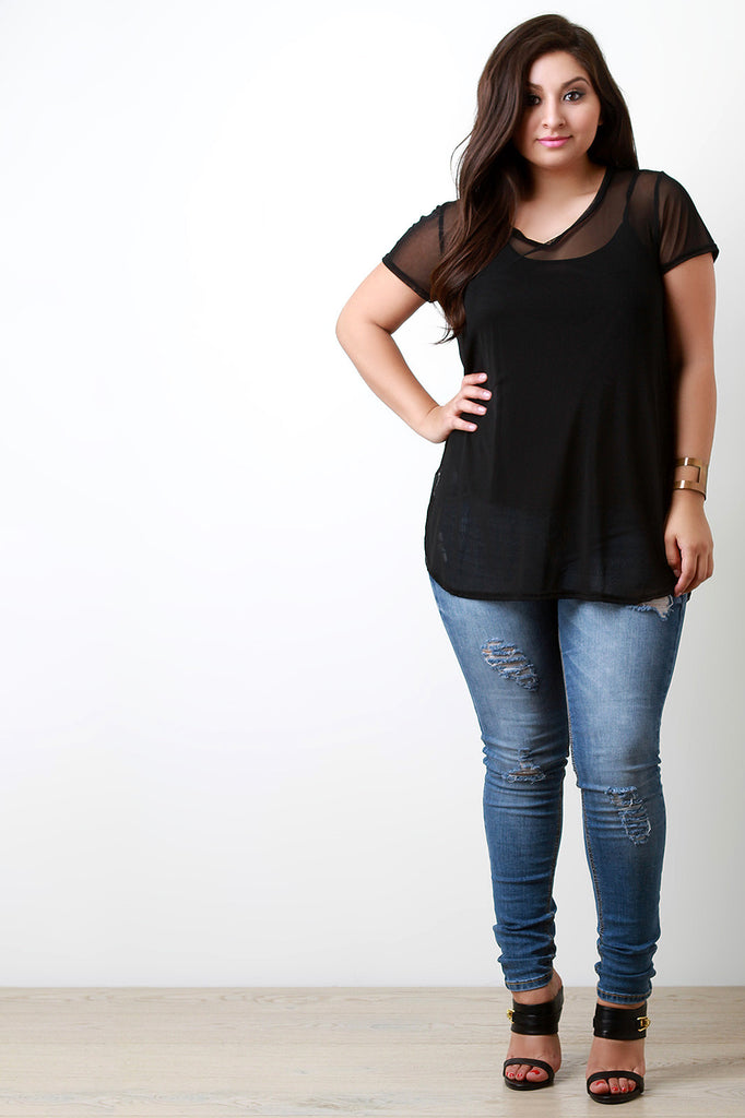 Semi-Sheer Mesh Overlay Tank Top
