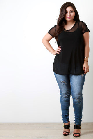 Semi-Sheer Mesh Overlay Tank Top