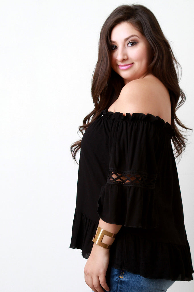Off The Shoulder Crochet Inset Bell Sleeves Ruffled Top