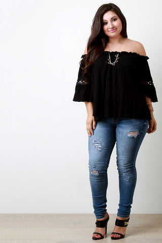 Off The Shoulder Crochet Inset Bell Sleeves Ruffled Top
